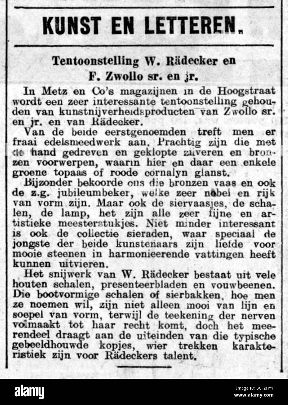 Un articolo sulla mostra di W. Rädecker e F. Zwollo Sr. E Jr., tenutasi nel 1927. Questa mostra ha messo in evidenza le loro opere di scultura e pittura. Foto Stock