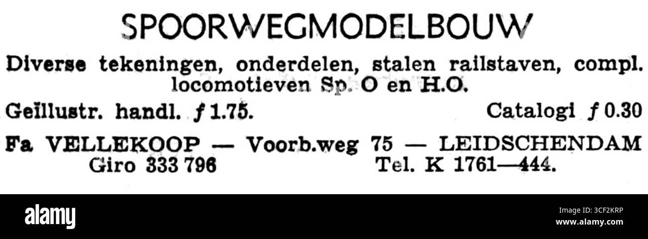 Un annuncio per la costruzione di un modello ferroviario dalla pubblicazione *Het Vaderland* il 27 ottobre 1951. Evidenzia un crescente interesse per le ferrovie modello durante la metà del XX secolo. Foto Stock