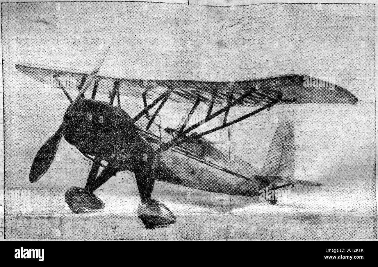 Illustrazione di un modello di aereo, presentato in De Indische Courant il 1o luglio 1938. L'autore dell'immagine è sconosciuto. Foto Stock