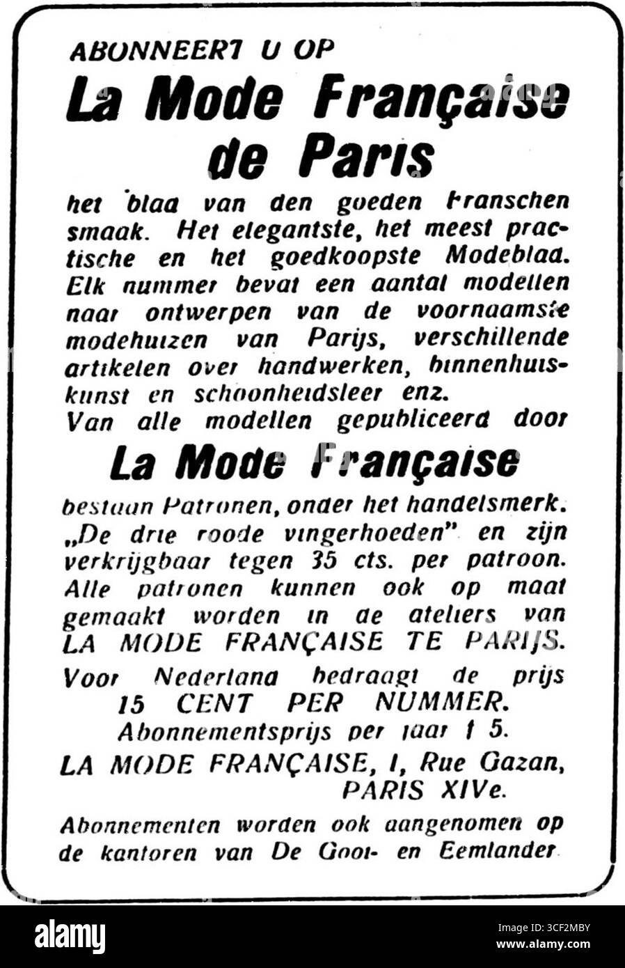 Questo annuncio, dal numero dell'11 gennaio 1935 di *Dames-Courant van De Gooi- en Eemlander*, presenta 'la Mode francese de Paris', che promuove la moda francese. L'annuncio riflette le tendenze di stile popolari dei primi anni del XX secolo in Europa. Foto Stock