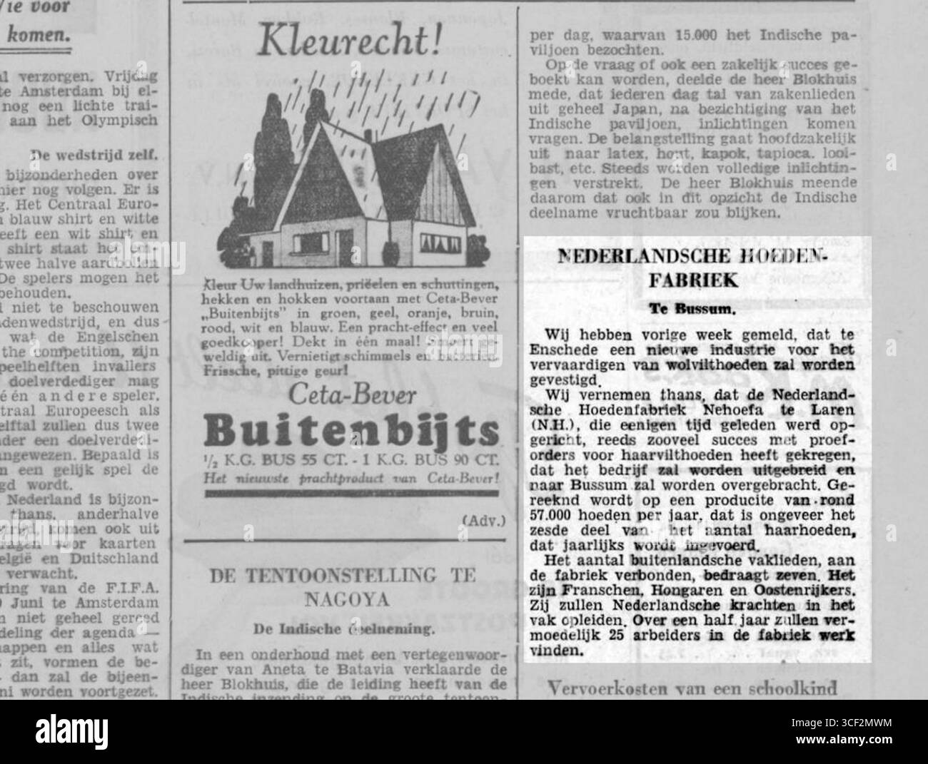 Un articolo di *Provinciale Overijsselsche en Zwolsche Courant* datato 12 maggio 1937, sulla fabbrica olandese di cappelli, Nederlandsche Hoedenfabriek, e i suoi contributi all'economia locale e all'industria della moda. Foto Stock