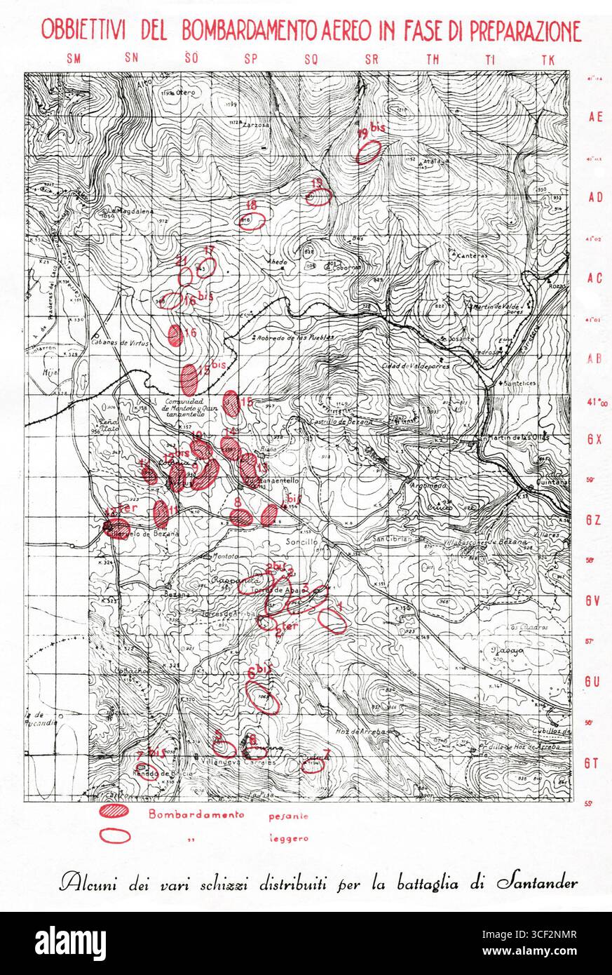 Questa immagine del 1937 mostra una mappa militare che segna gli obiettivi per i bombardamenti dell'esercito nazionalista nella provincia settentrionale di Burgos e nel sud di Santander durante la guerra civile spagnola. Foto Stock