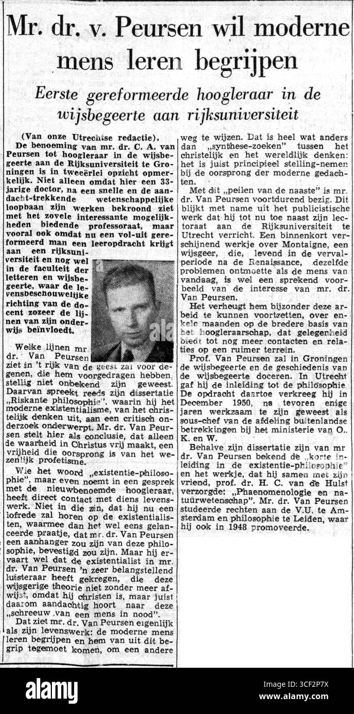 Un articolo del 10 giugno 1953, che parla del lavoro del signor Dr. Contro Peursen per comprendere gli esseri umani moderni e la loro psicologia. Questo articolo si concentra sui suoi sforzi nella comprensione del comportamento umano e dei cambiamenti sociali nel XX secolo. Foto Stock