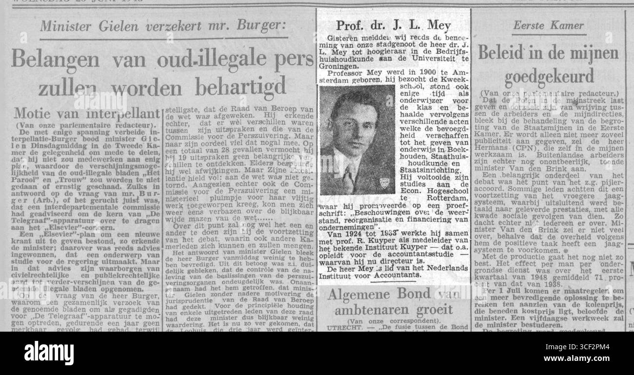La nomina del Prof. Dr. J.L. Mey alla cattedra di economia aziendale presso l'Università di Groningen nel 1938. Foto Stock