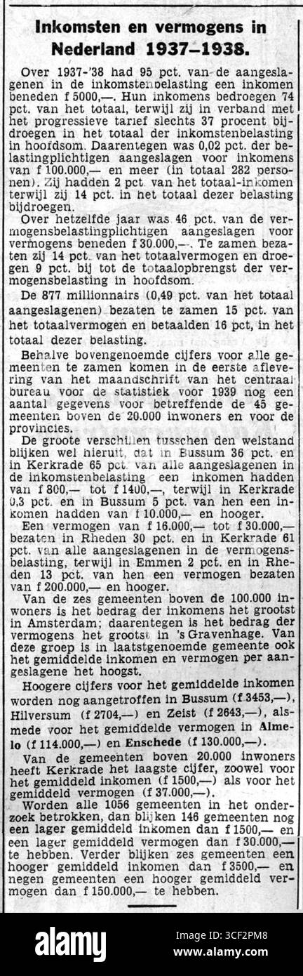 Una relazione del 1939 rivela che la distribuzione del reddito e della ricchezza nei Paesi Bassi nel corso del 1937-1938 ha mostrato alcuni segni di miglioramento rispetto agli anni precedenti, riflettendo la stabilizzazione economica. Foto Stock