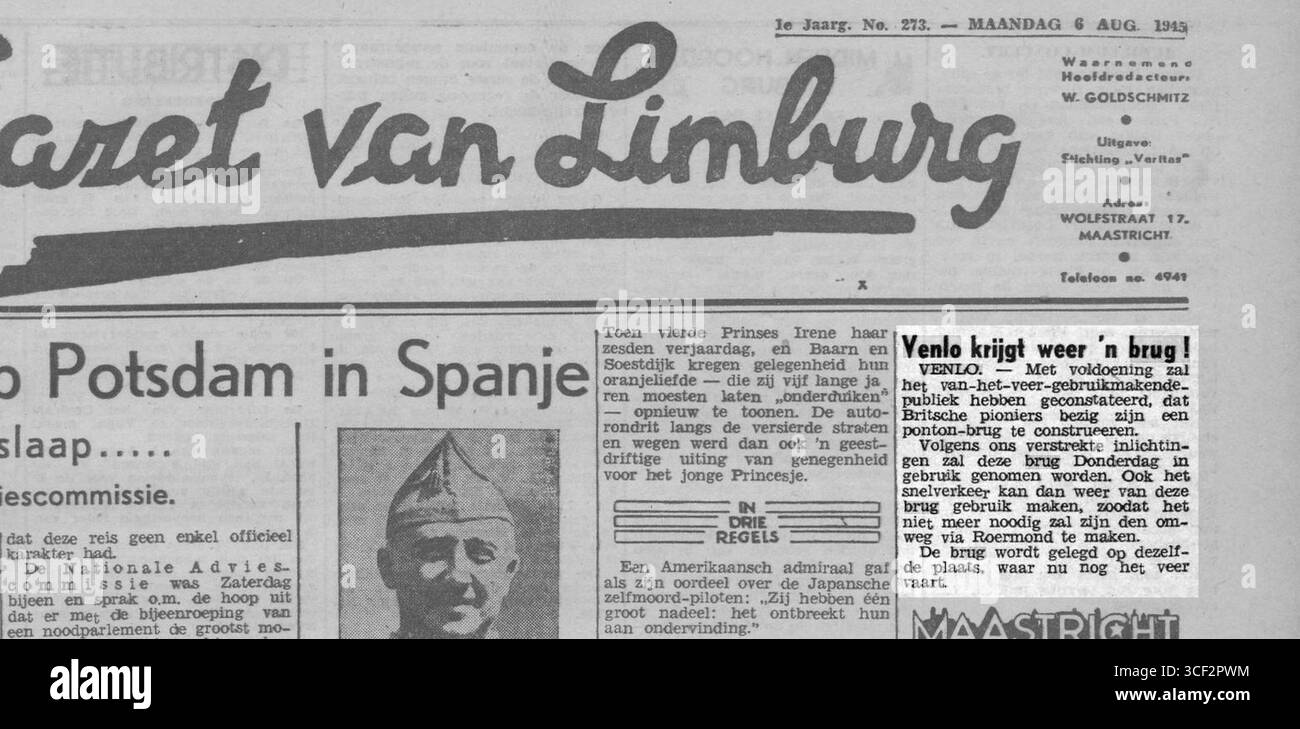 Il 6 agosto 1945, Gazet van Limburg riferì che Venlo ricevette un nuovo ponte dopo la distruzione del precedente durante la seconda guerra mondiale, segnando una pietra miliare nella ripresa della città dopo la guerra. Foto Stock
