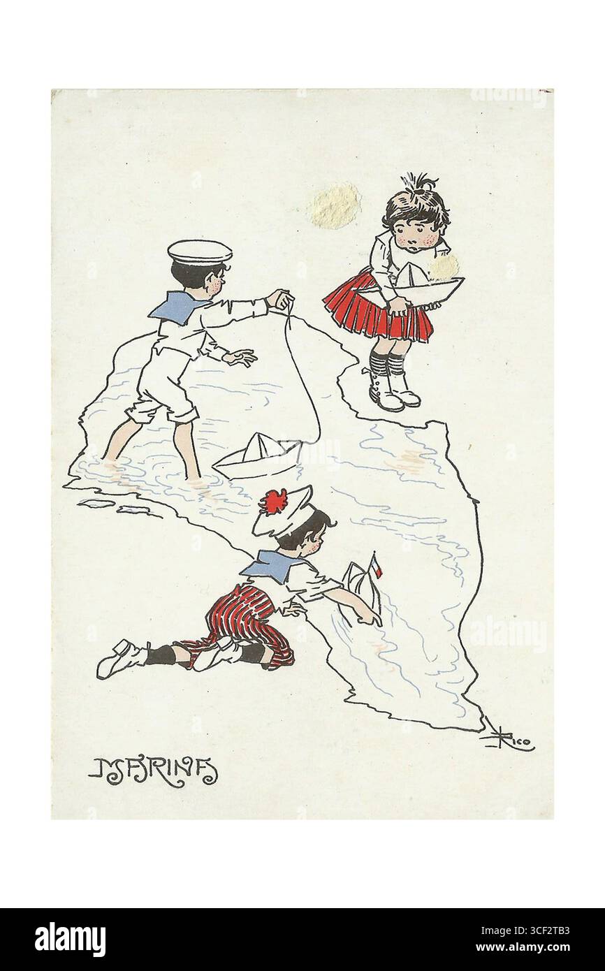 Una cartolina satirica italiana del 1918 che illustra la marina, abbinata all'immagine di bambini in gioco, contrastando la gravità della guerra navale con l'innocenza giovanile. Foto Stock