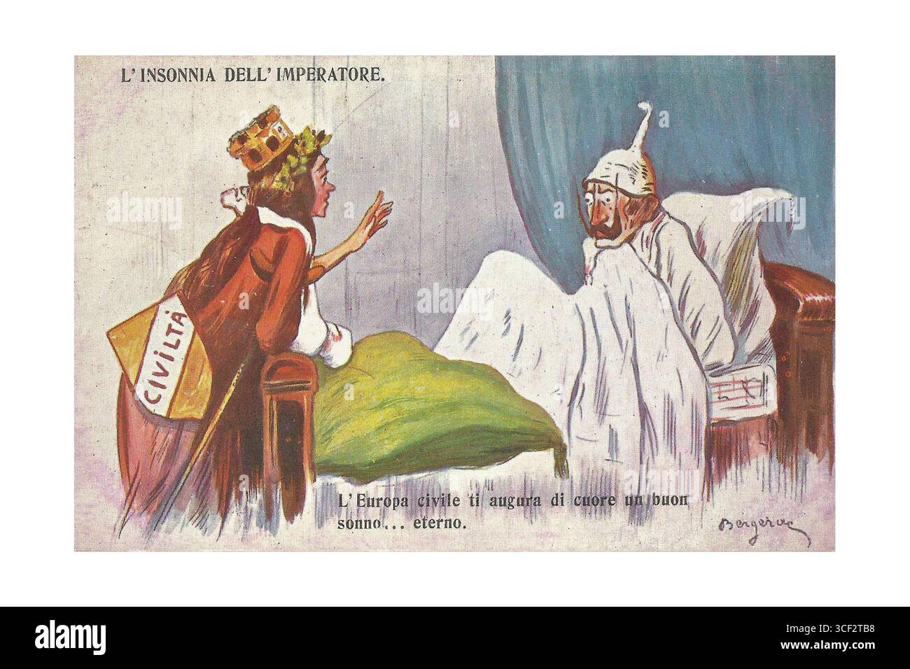 Una cartolina satirica italiana della prima guerra mondiale raffigurante l’insonnia dell’imperatore con la frase “l’Europa civilizzata vi augura un profondo sonno eterno”. Ciò riflette la presa in giro in tempo di guerra dei leader nemici e del conflitto europeo. Foto Stock