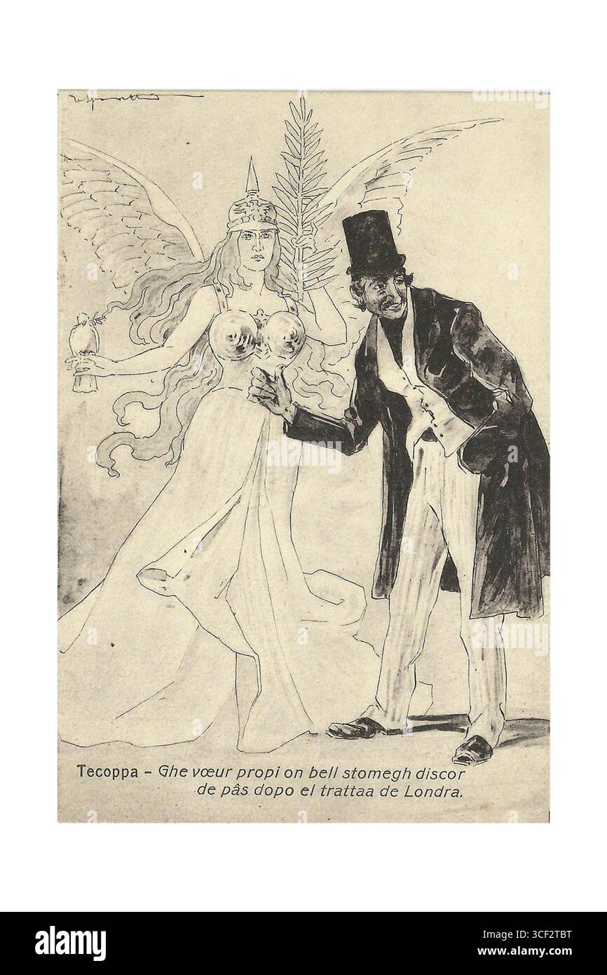 Questa cartolina del 1918 usa l'umorismo oscuro per commentare le difficili conversazioni sulla pace a seguito del Trattato di Londra, riflettendo lo stato d'animo dell'Europa del dopoguerra. Foto Stock