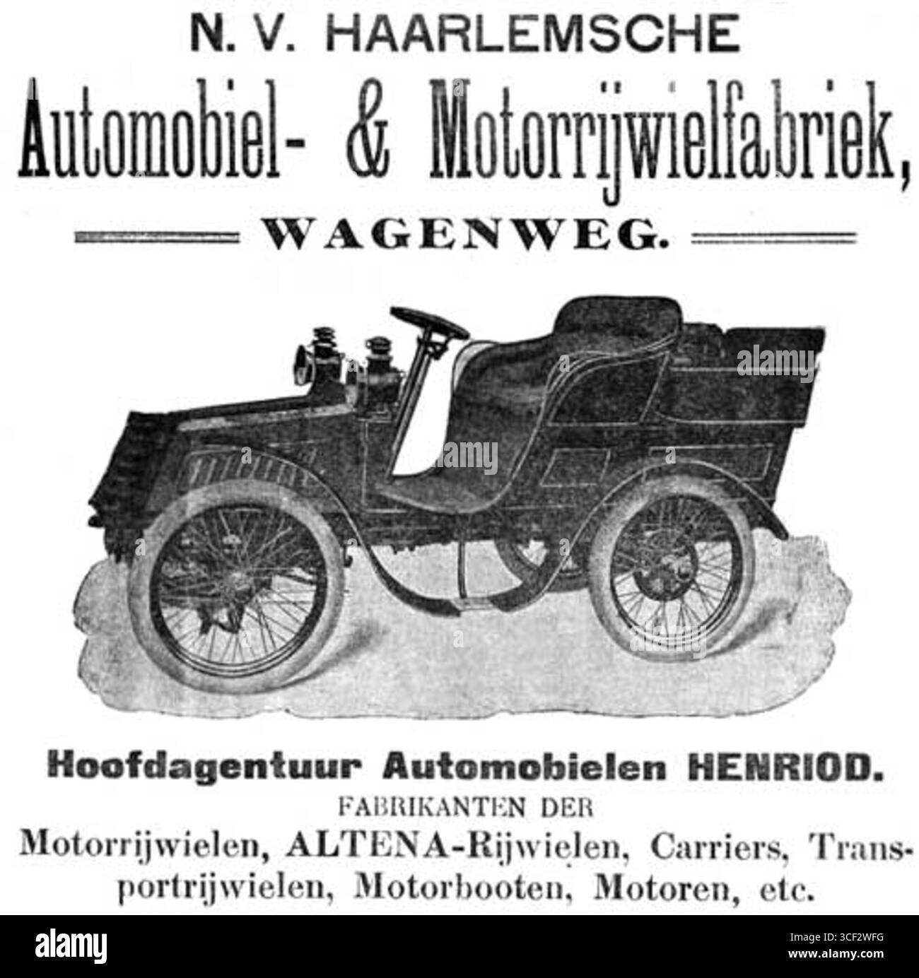 Marzo 1903 pubblicità della fabbrica di automobili e motociclette di Haarlem che promuove i veicoli francesi Henriod nei Paesi Bassi. Foto Stock
