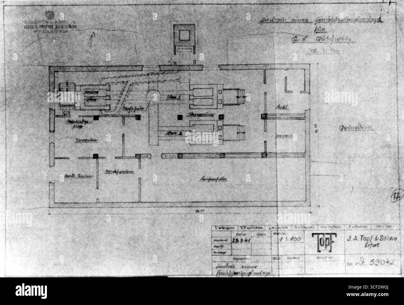Diagramma tecnico del 1941 del produttore Topf & Söhne che mostra il crematorio i a Birkenau. Foto Stock