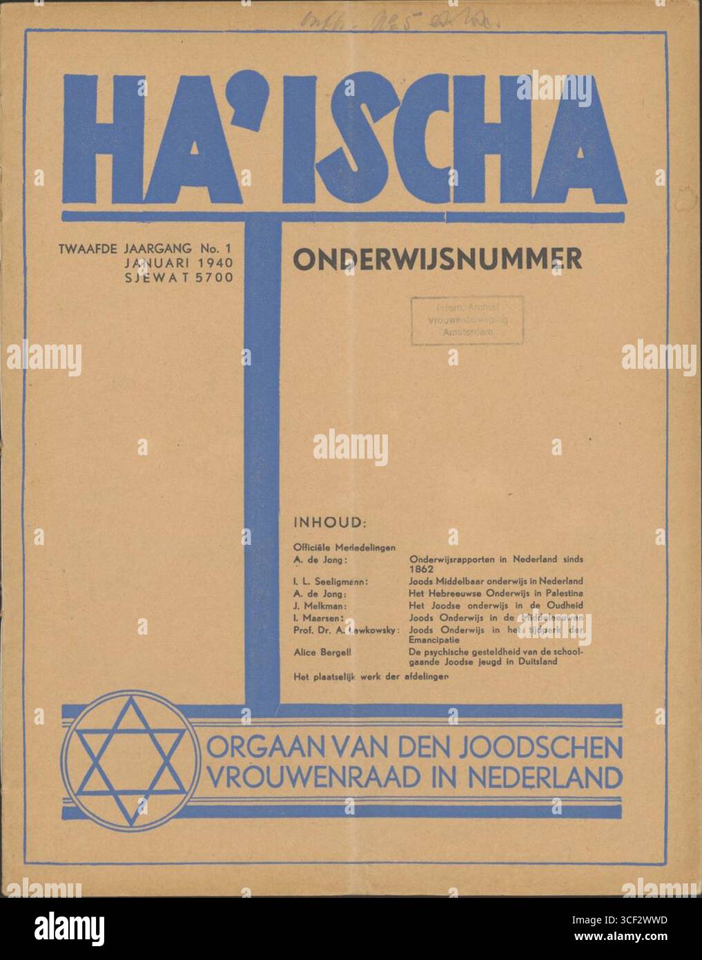 Gennaio 1940 copertina di Ha'ischa, il giornale del Consiglio delle donne ebraiche nei Paesi Bassi, dodicesimo anno, numero 1. Foto Stock