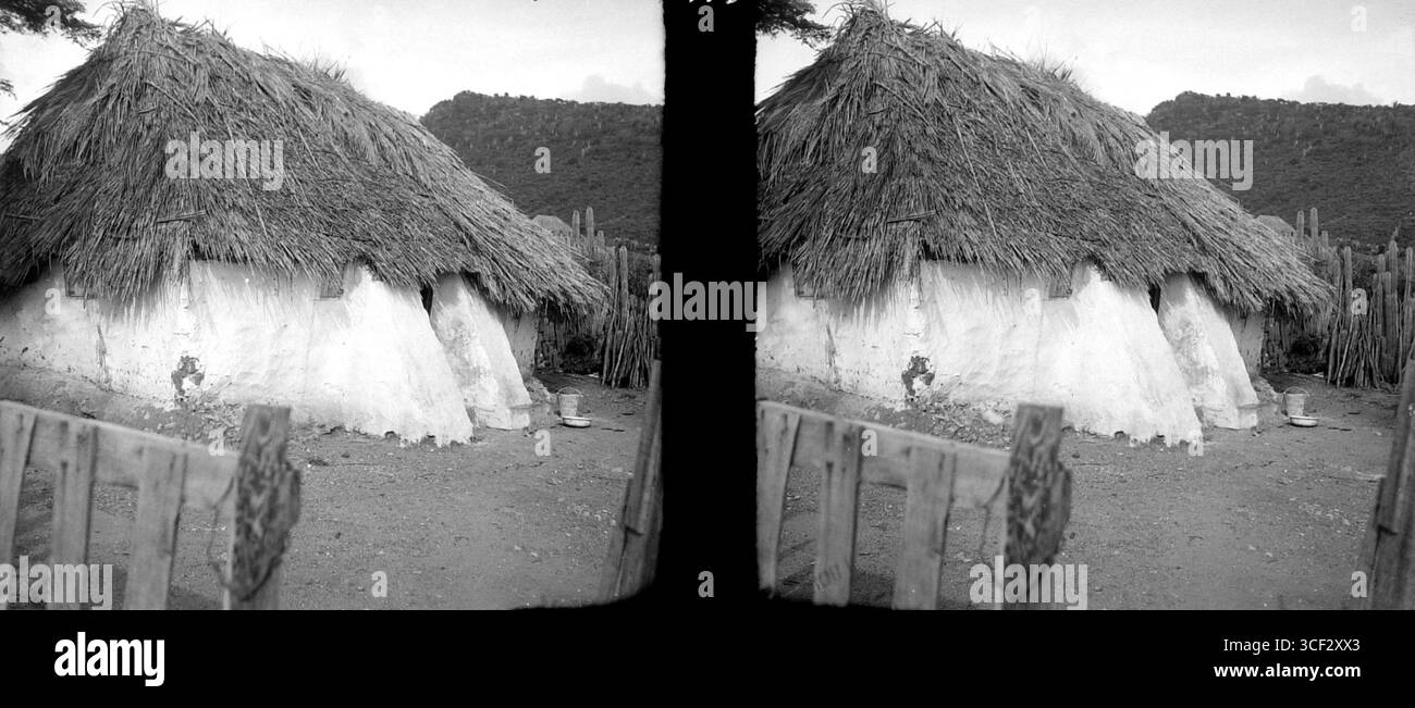 Un'immagine stereoscopica del 1946 di una casa Kunuku situata nella campagna di Curacao, misura 5,7 x 12,7 cm. Foto Stock