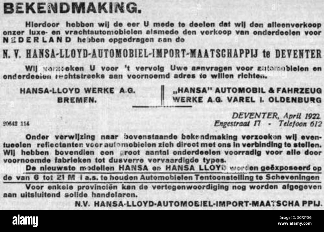 Questo annuncio del 1922 segna l'inizio dell'importazione di automobili da parte di Hansa Lloyd nei Paesi Bassi. La società, con sede a Deventer, ampliò le sue attività con una nuova filiale di Amsterdam nel 1923, distribuendo veicoli Hansa di produzione tedesca. Foto Stock