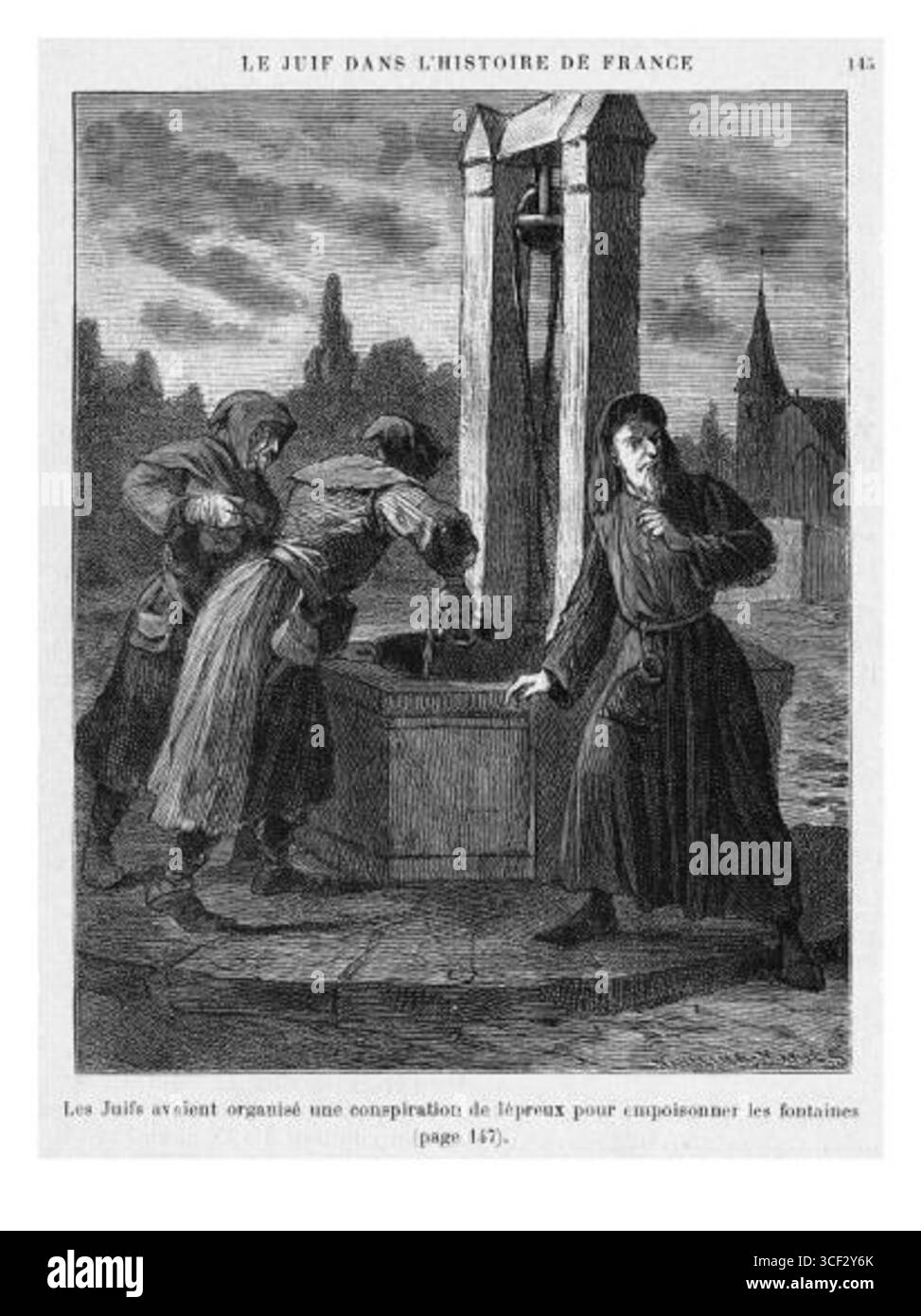 L'incisione antisemita di Édouard Drumont del 1885 da "la France juive" ritrae una falsa accusa storica di popolo ebraico che avvelenava pozzi durante la peste nera, riflettendo il sentimento antisemita dell'epoca. Foto Stock