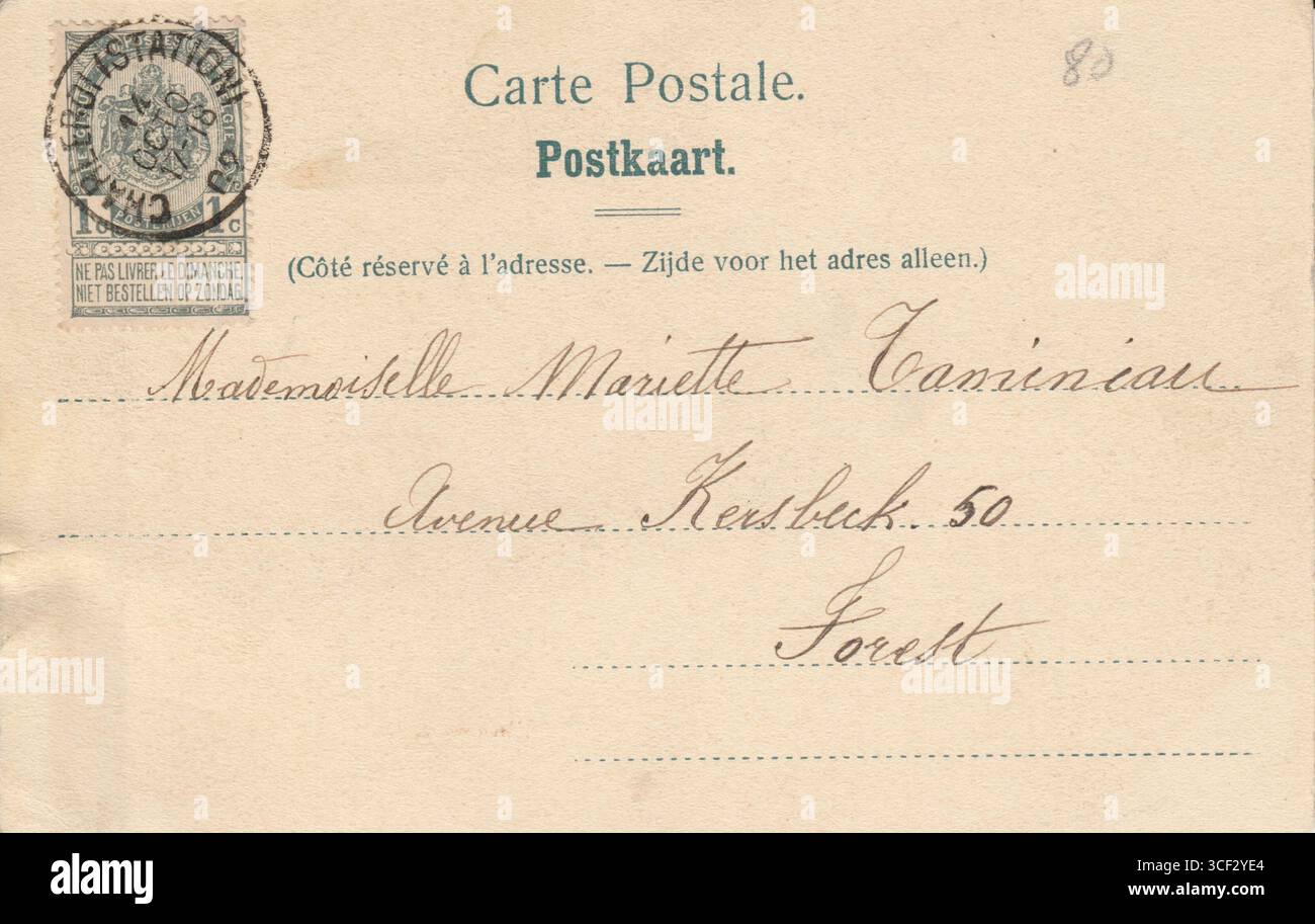 Il retro di una cartolina storica di Charleroi, Belgio, che mostra il fiume Sambre e il bacino di nuoto, con un timbro postale del 14 ottobre 1909. Questa parte della cartolina contiene i timbri postali e un messaggio stampato dall'editore Nels. Foto Stock