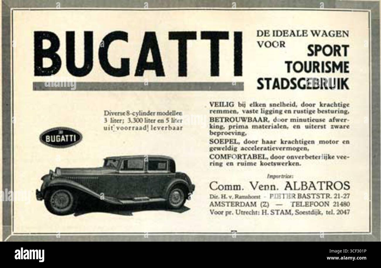 Una pubblicità del 1931 per la Bugatti Albatros, che mostra l'aereo di lusso ad Amsterdam. Foto Stock