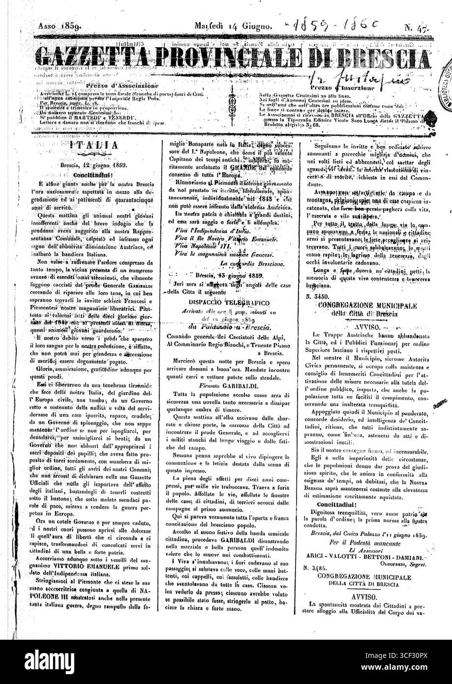 La prima pagina della Gazzetta Provinciale di Brescia del 14 giugno 1859, segna la prima edizione dopo la caduta del dominio austriaco a Brescia. Foto Stock