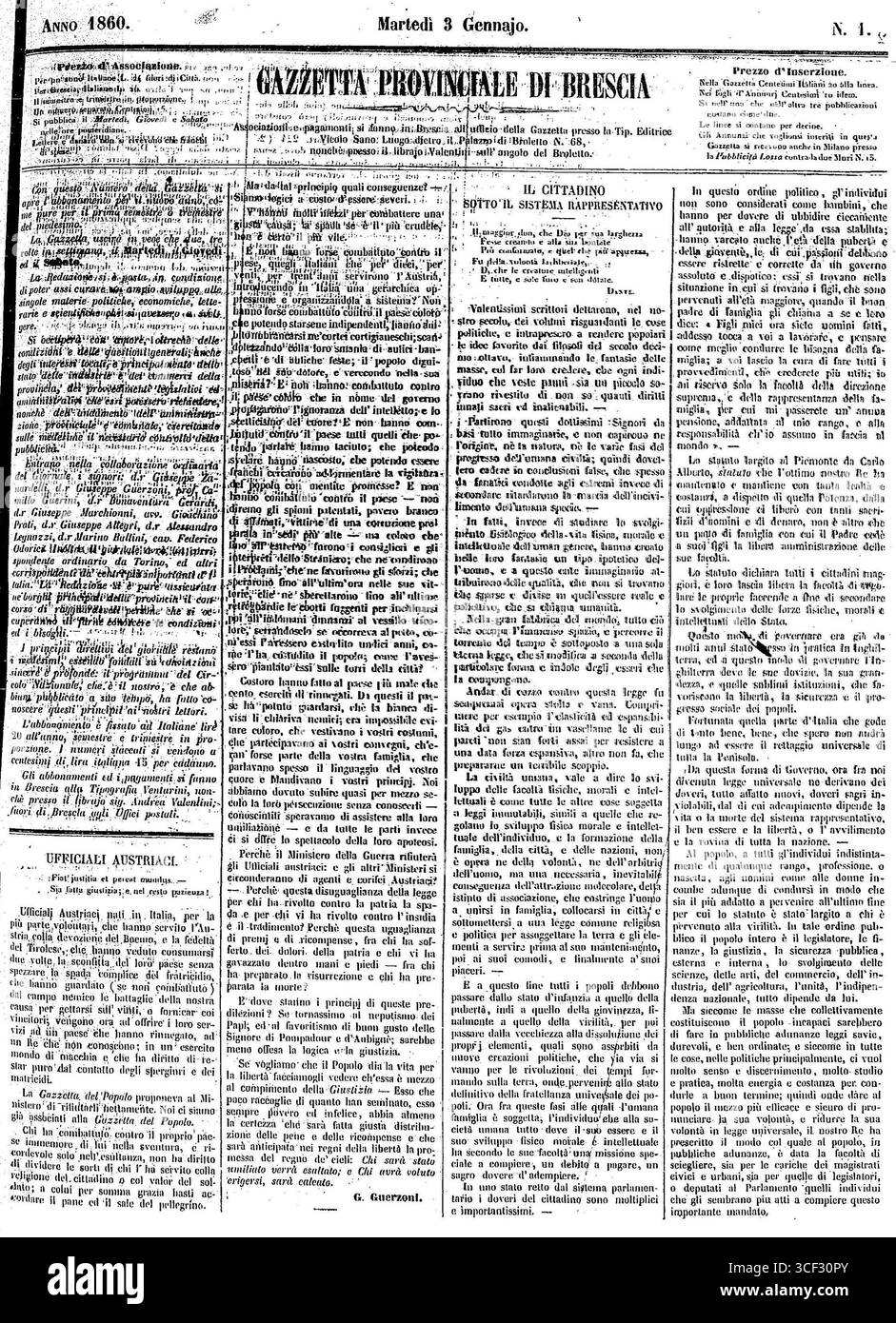 La prima pagina della *Gazzetta Provinciale di Brescia* dal 3 gennaio 1860, che segna il passaggio ad una pubblicazione trisettimanale. Foto Stock