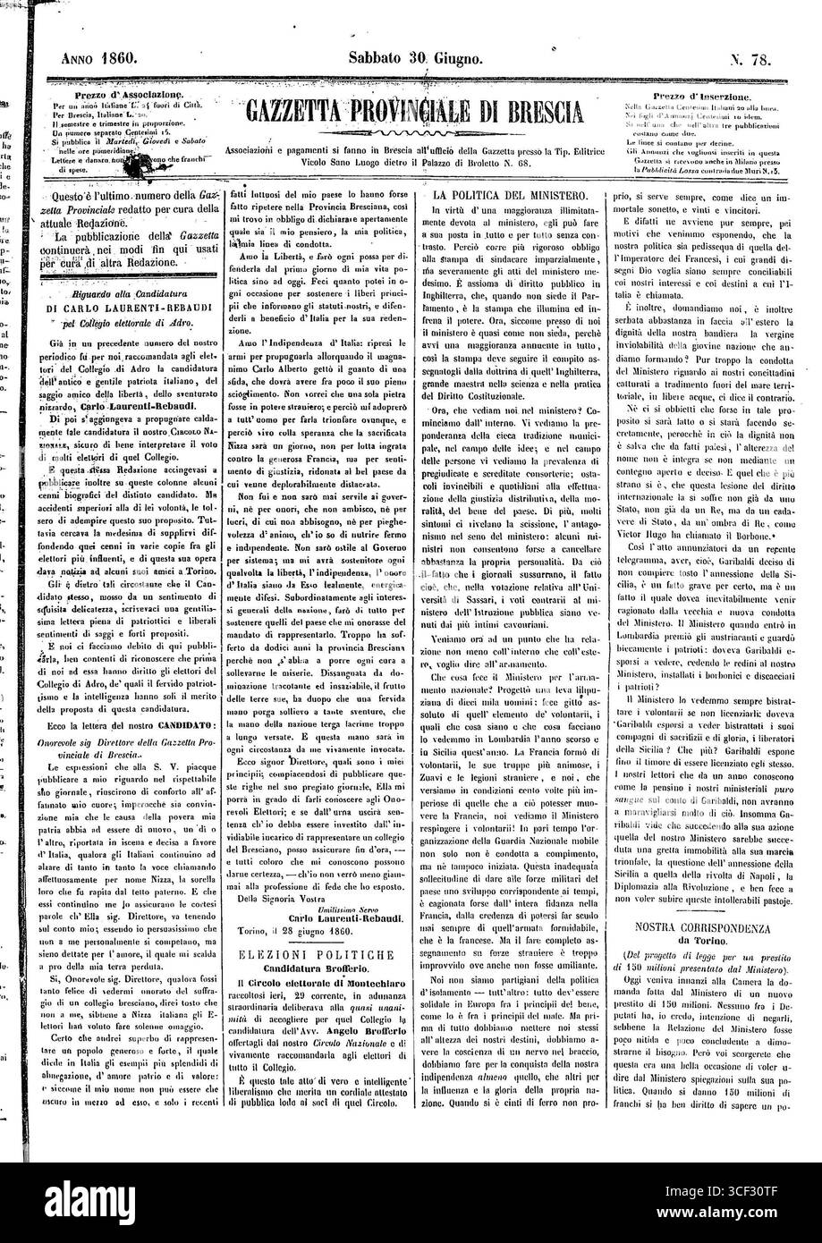La prima pagina della *Gazzetta Provinciale di Brescia*, datata 30 giugno 1860, segna l'edizione finale del trisettimanale. Foto Stock