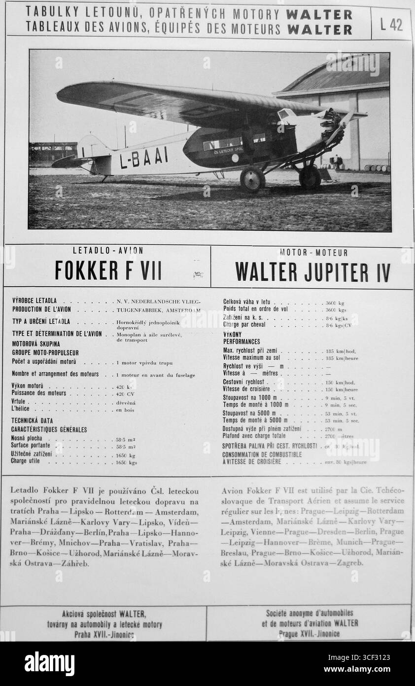 Questa immagine del 1933 mostra il velivolo Fokker F.VIIa equipaggiato con un motore Walter Jupiter IV, evidenziando i progressi degli aerei del XX secolo. Foto Stock