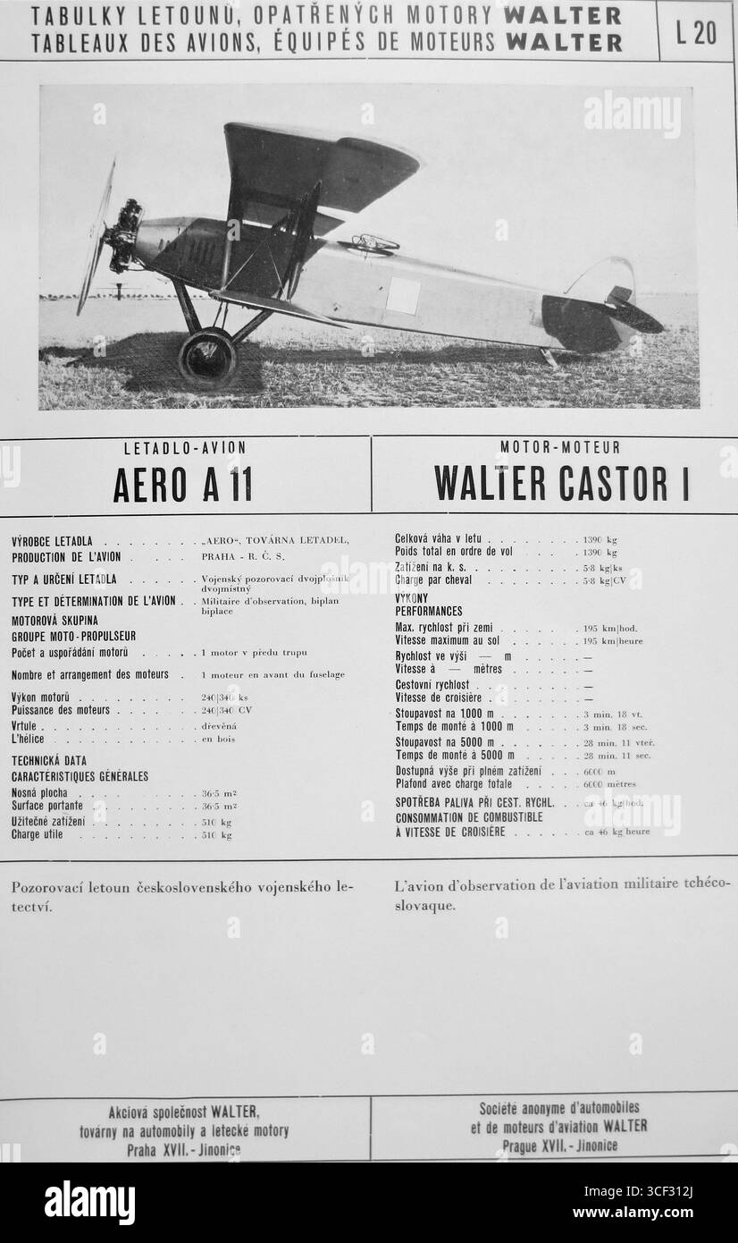 L'Aero A-11, un aereo cecoslovacco, fu sviluppato nel 1928 e successivamente rinominato Aero A-211 nel 1932. Walter Castor i è stato associato al suo sviluppo, mostrando l'evoluzione della tecnologia aeronautica cecoslovacca. Foto Stock