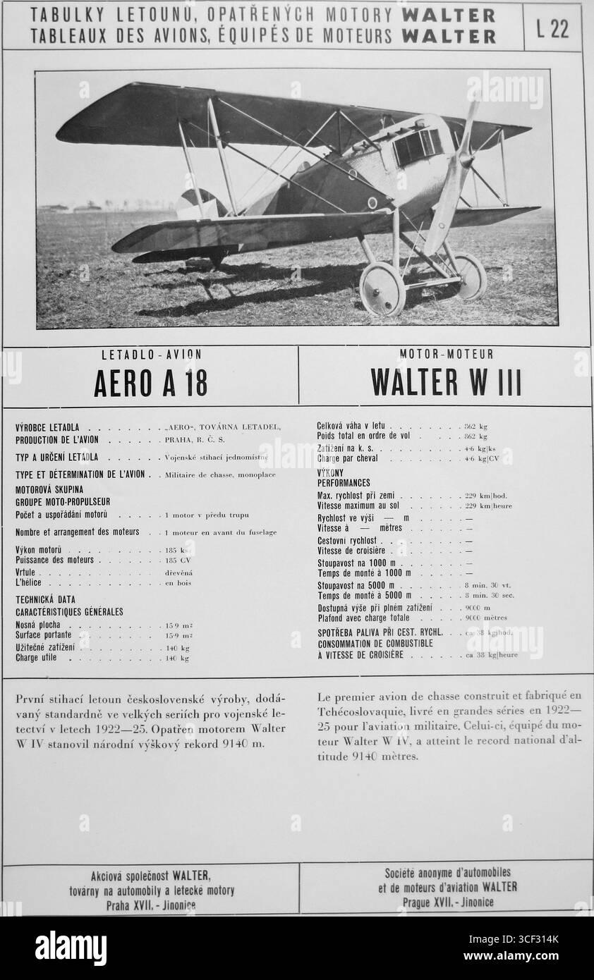 L'Aero A-18, abbinato al motore Walter W-III, era un aereo ceco del 1923. Questa foto, datata 30 giugno 1933, cattura l'aereo, mostrando le prime tecnologie dell'aviazione. Foto Stock