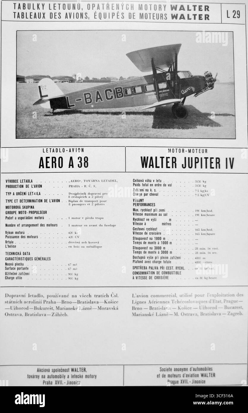Questa immagine del 1933 mostra l'aereo Aero A-38 equipaggiato con il motore Walter Jupiter IV, che mostra la combinazione di design degli aeromobili e tecnologia dei motori tipica dell'aviazione dei primi anni del XX secolo. Foto Stock