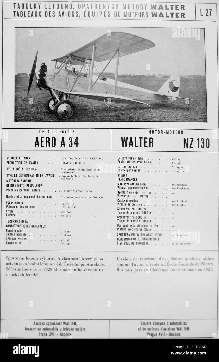In questa fotografia del 1933, l'Aero A-34 è mostrato con il motore Walter NZ-130, un potente motore utilizzato nei progetti aerei cechi dell'epoca. Il design e la combinazione di motori Dell'A-34 rappresentano i progressi tecnologici nella prima aviazione. Foto Stock