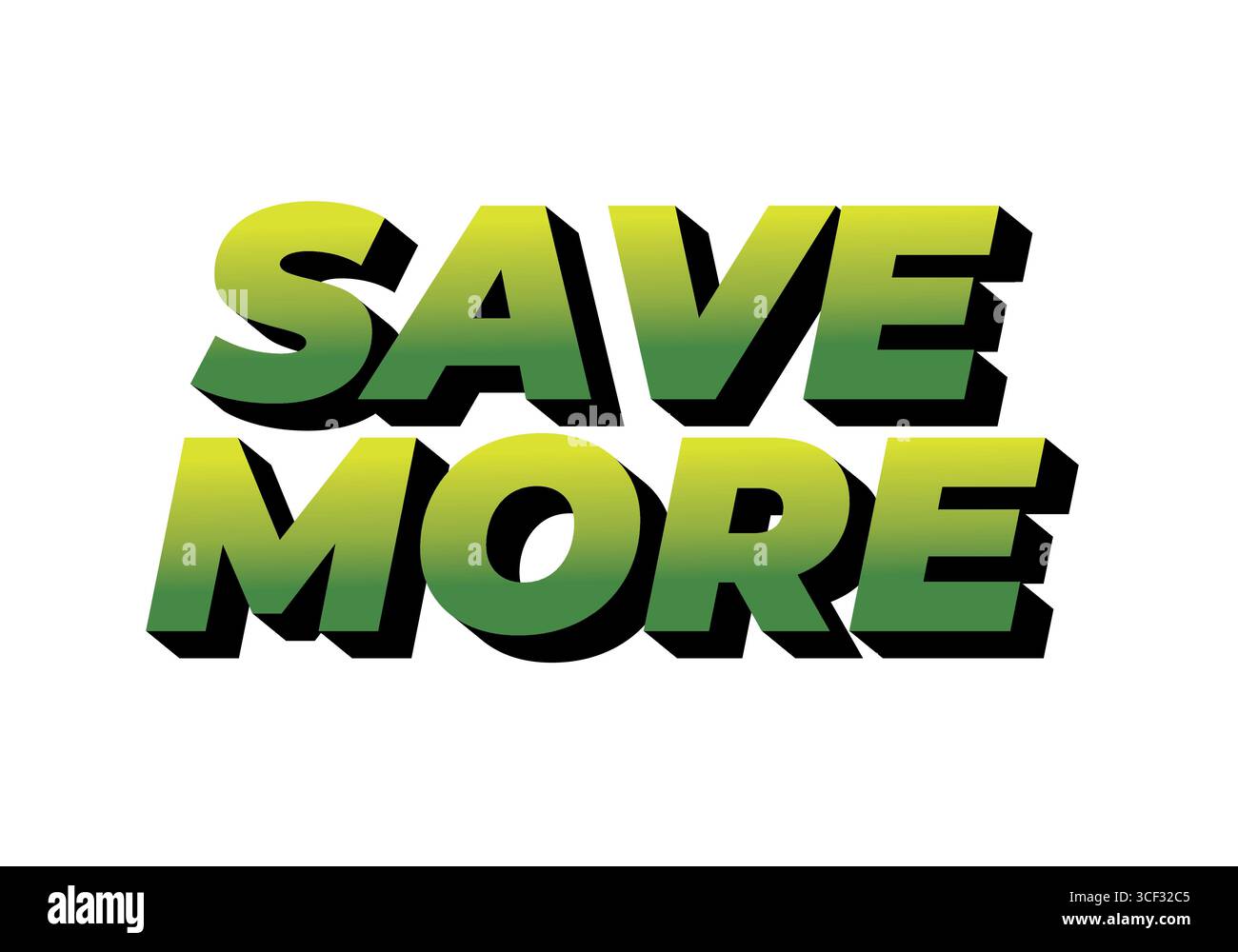 Testo in grassetto e stilizzato che dice DI RISPARMIARE DI PIÙ con uno schema di colori verde sfumato ed effetto ombra, adatto per materiali promozionali o pubblicità. Illustrazione Vettoriale