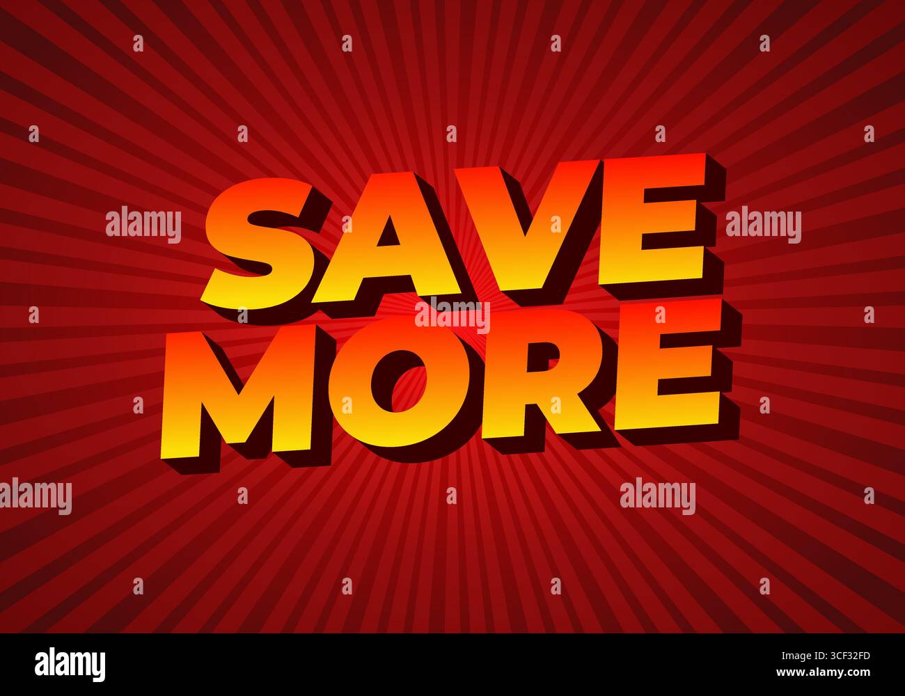 Testo in grassetto che dice DI RISPARMIARE DI PIÙ in giallo e arancione su uno sfondo rosso radiale, trasmettendo un senso di urgenza ed entusiasmo per il risparmio. Illustrazione Vettoriale