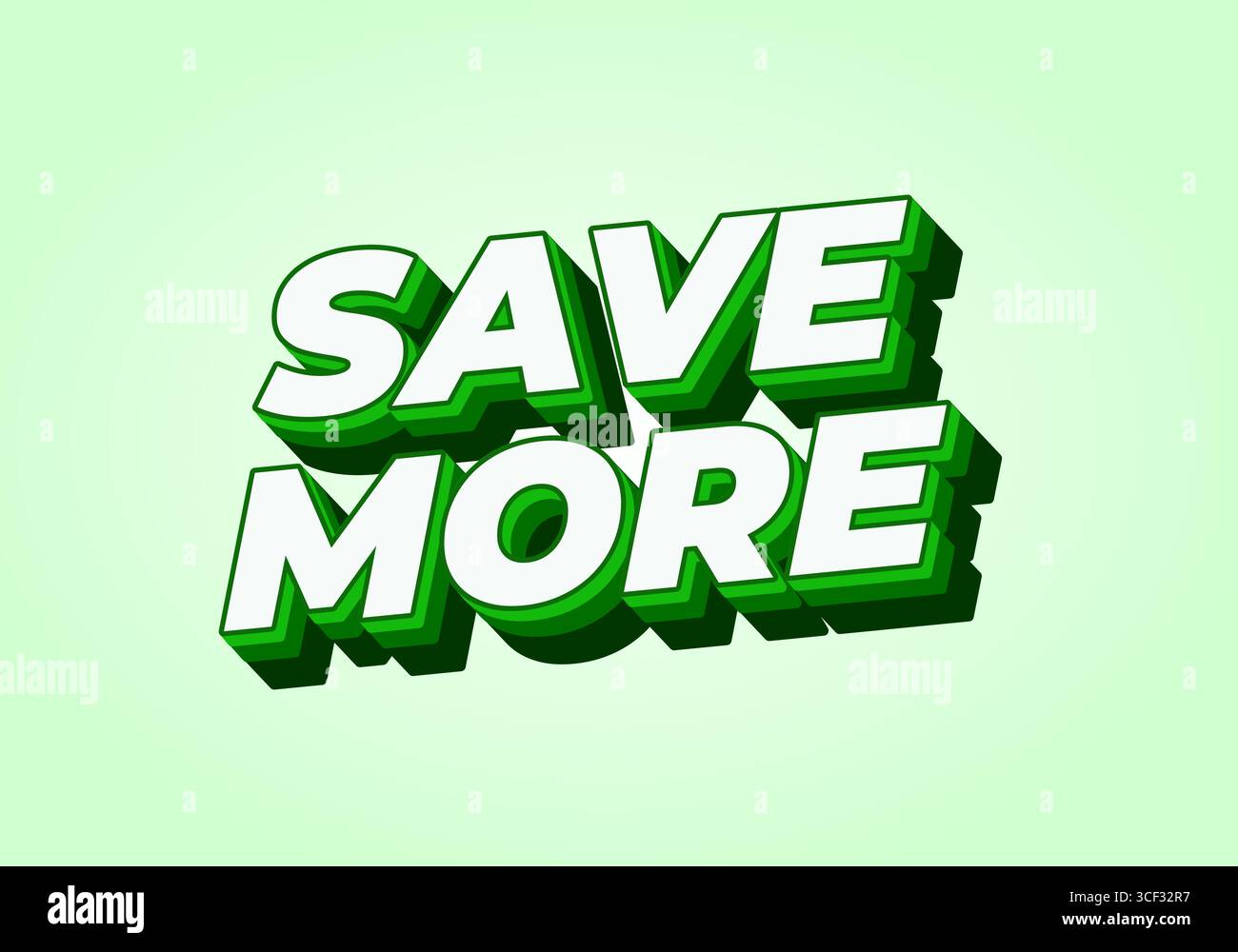 Testo in grassetto 3D che dice DI RISPARMIARE DI PIÙ nei colori verde e bianco su sfondo verde chiaro, trasmettendo un messaggio di risparmio e sconti. Illustrazione Vettoriale