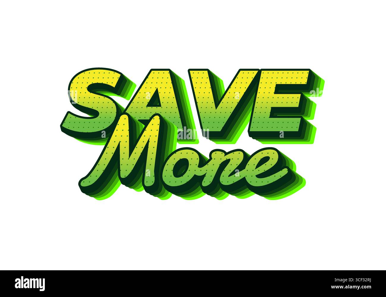 Un design grafico vibrante con le parole RISPARMIANO DI PIÙ in un'audace tipografia stilizzata. Il testo viene stratificato con una sfumatura di verde, creando una d Illustrazione Vettoriale