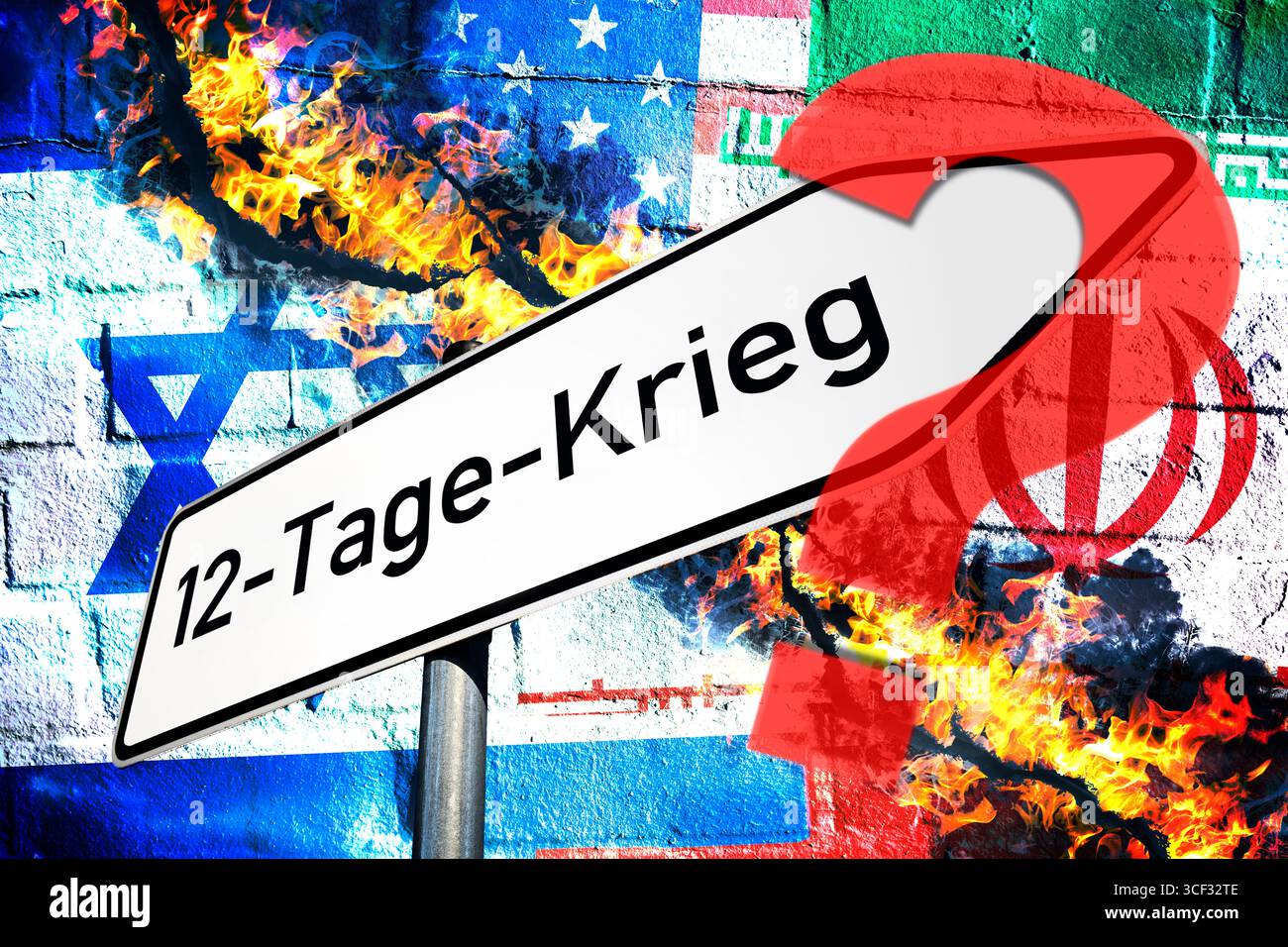 Firma con l'iscrizione Guerra dei 12 giorni e punto interrogativo davanti alle bandiere di Israele, Iran e USA, guerra Israele-Iran, fotomontaggio Foto Stock
