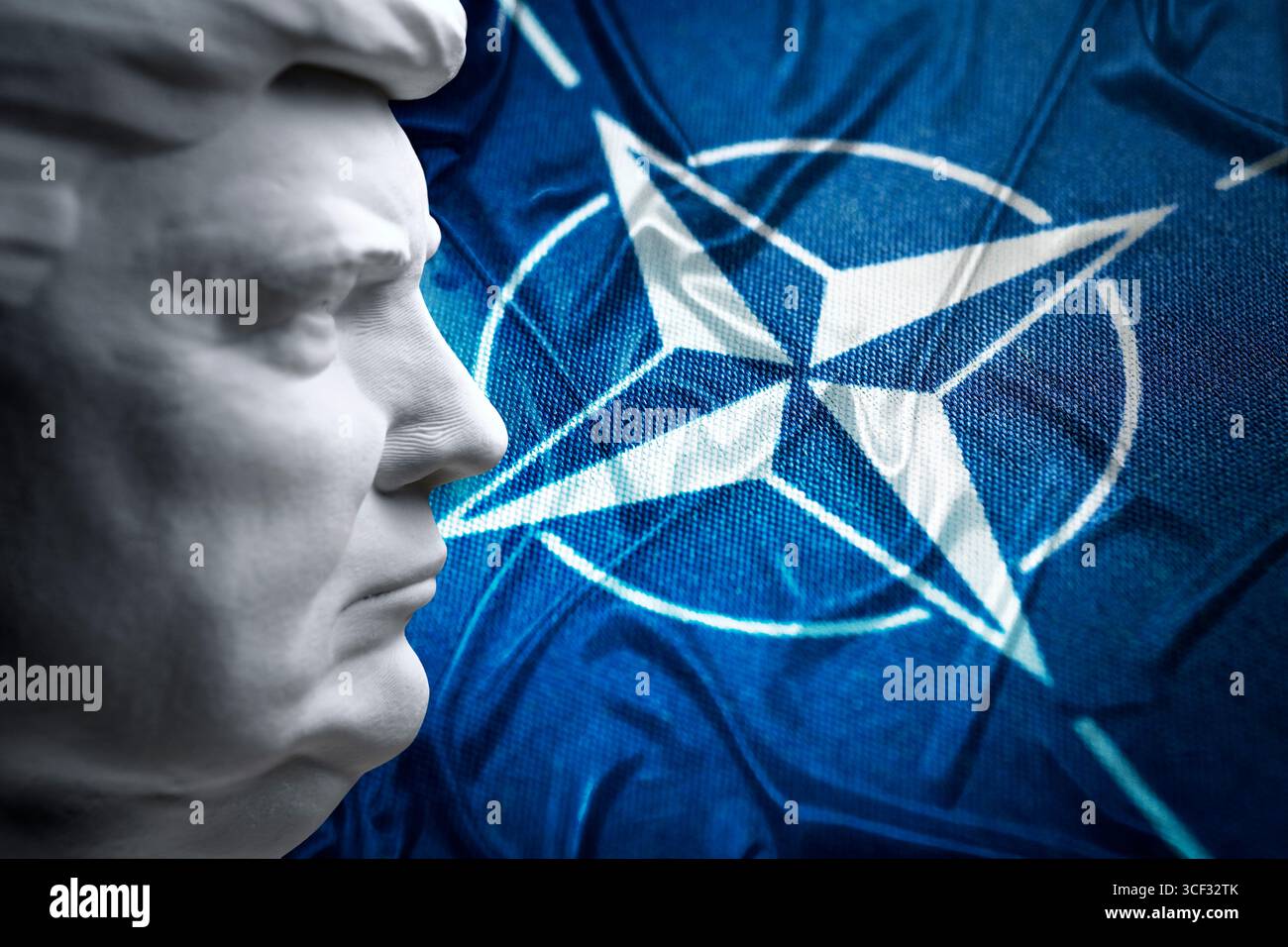 Bandiera della NATO e profilo del presidente degli Stati Uniti Donald Trump, fotomontaggio Foto Stock