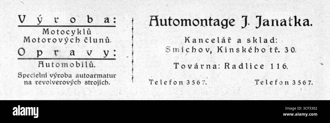 Un annuncio pubblicitario per Automontage J. Janatka, un'azienda produttrice di motocicli e veicoli a motore, dal luglio 1920. Foto Stock