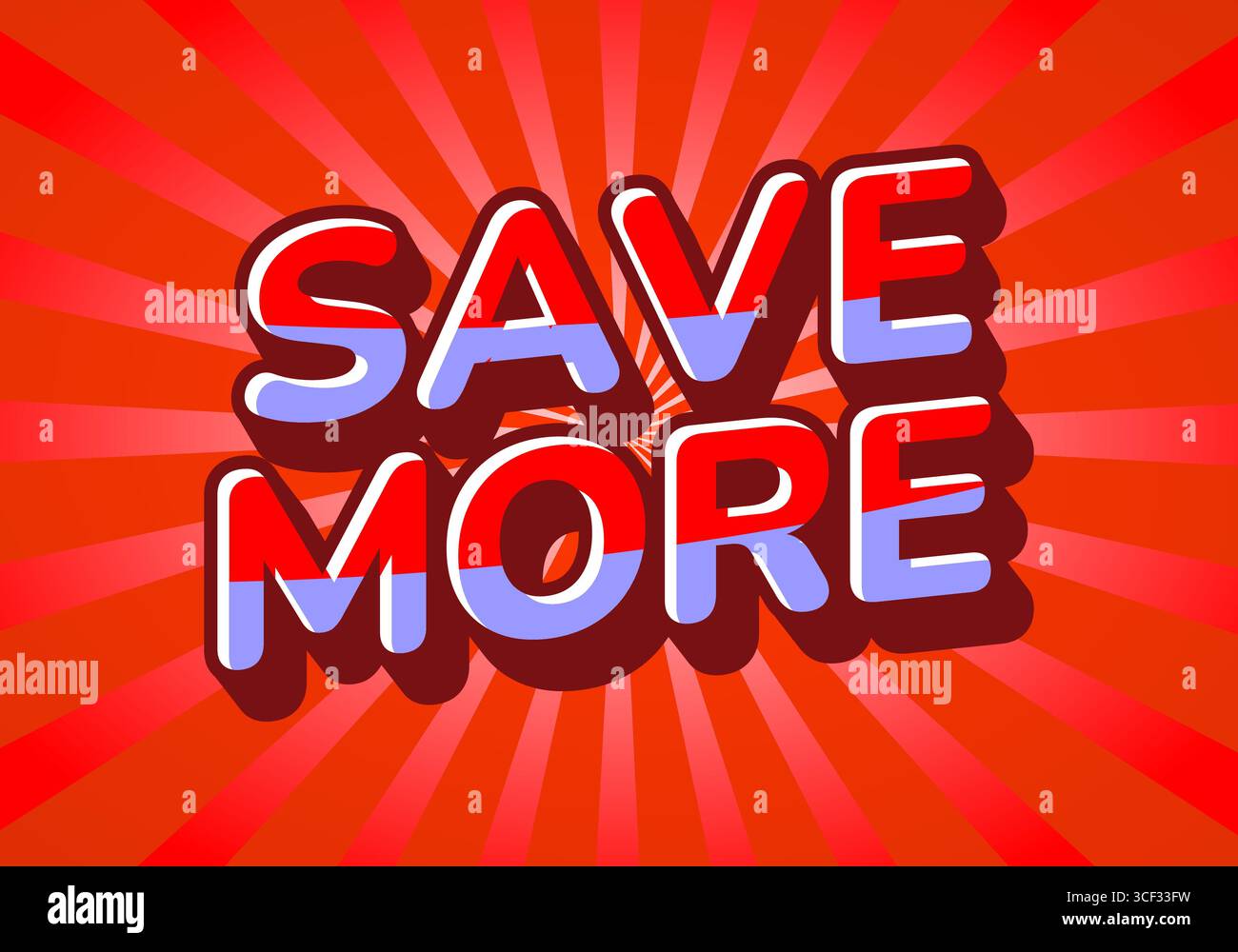 Un vivace design grafico con le parole RISPARMIANO DI PIÙ con una tipografia audace e colorata. Lo sfondo ha uno schema radiale in tonalità di rosso, enhan Illustrazione Vettoriale