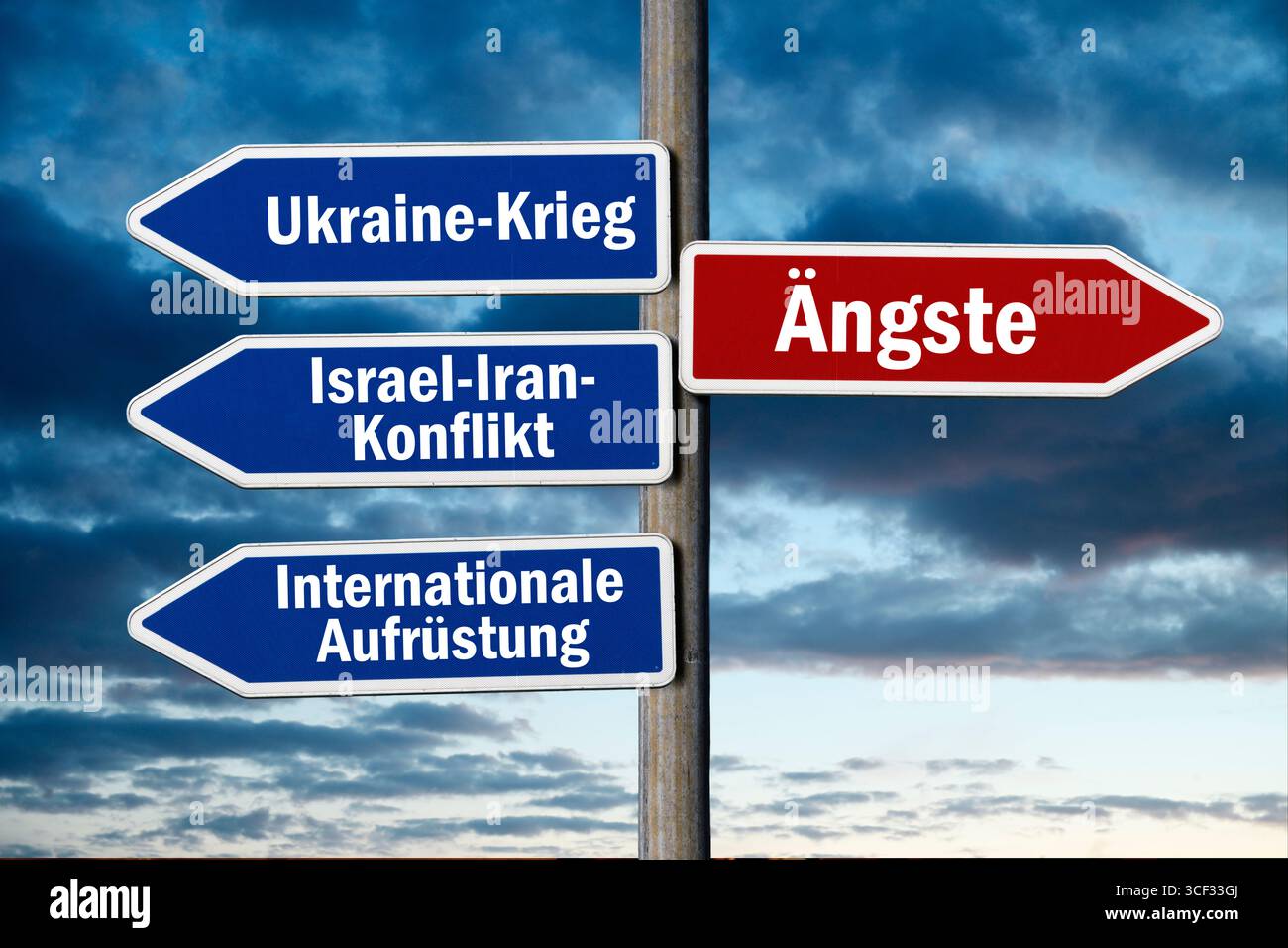 Cartelli con le iscrizioni guerra Ucraina, conflitto Israele-Iran, armamento e paure internazionali, foto simbolica di situazione mondiale instabile, fotomontaggio Foto Stock