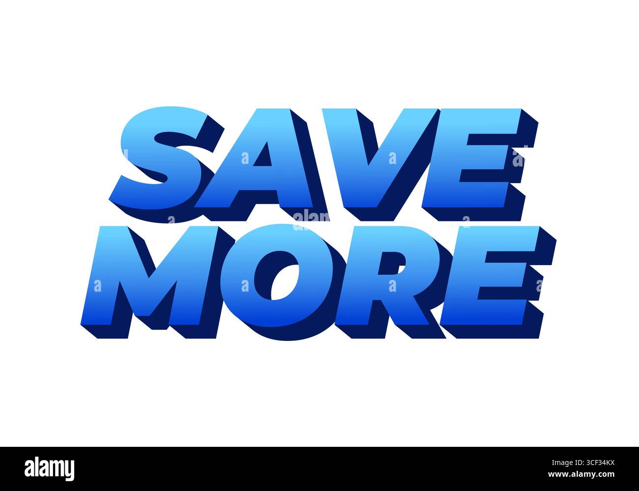 Testo in grassetto 3D che dice DI RISPARMIARE DI PIÙ in uno schema di colore blu sfumato, adatto per materiali promozionali. Illustrazione Vettoriale