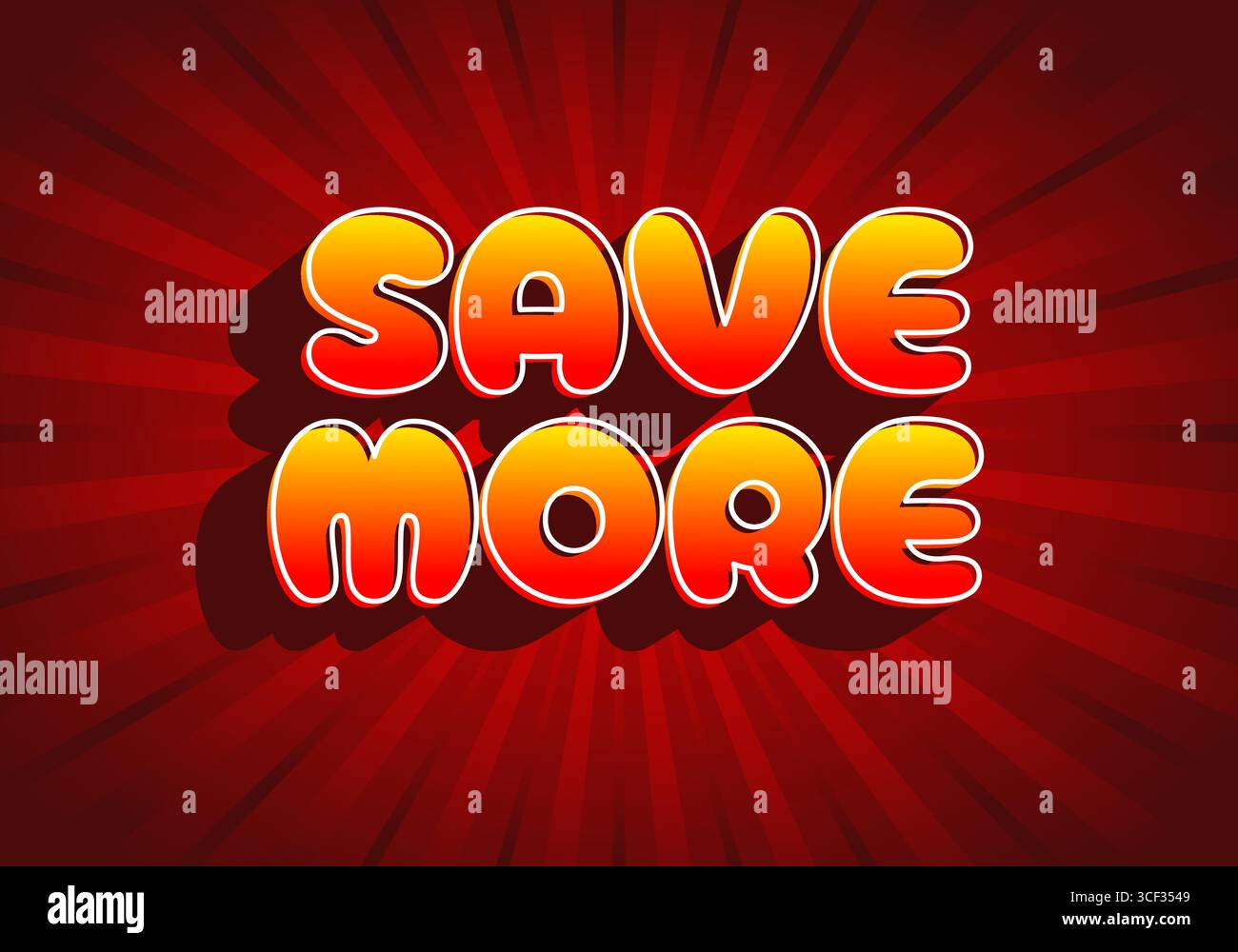 Testo in grassetto che dice DI RISPARMIARE DI PIÙ con un effetto di colore sfumato su uno sfondo rosso radiale. Illustrazione Vettoriale