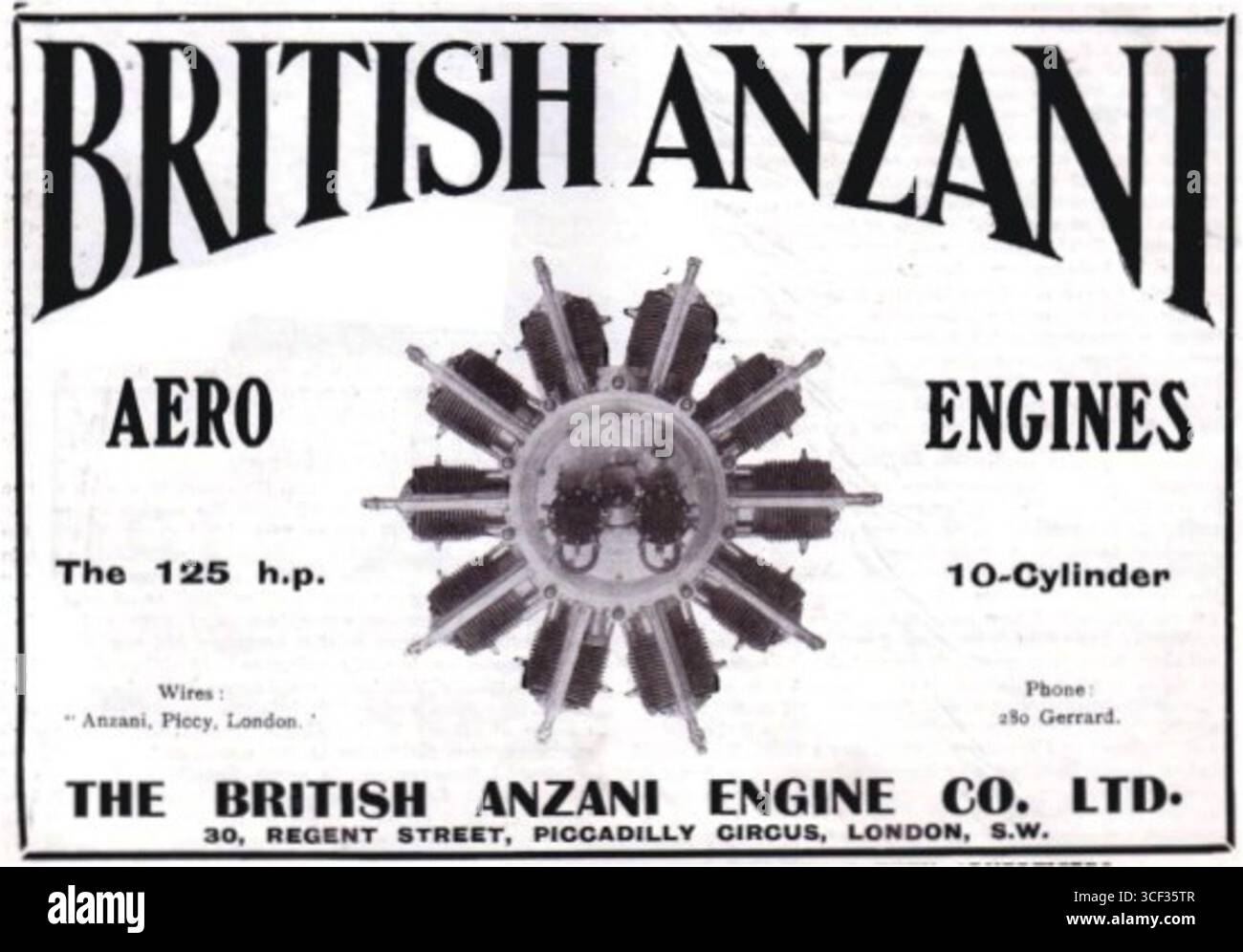 Un annuncio pubblicitario per il motore Aero Anzani da 125 HP del 1914, che sottolinea il suo ruolo nel fornire energia ai primi velivoli durante la prima guerra mondiale. Foto Stock