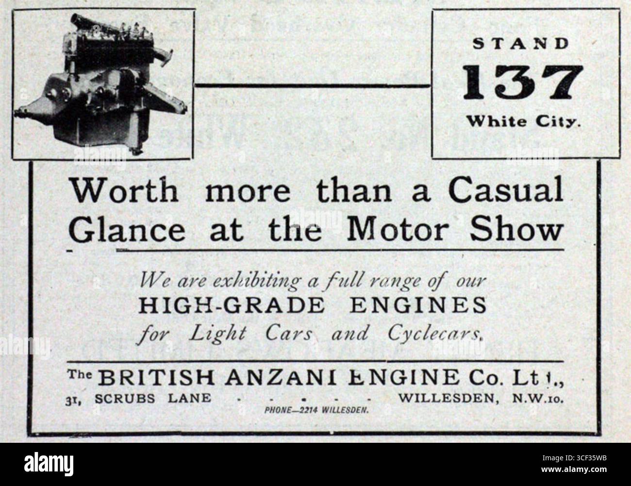 Una pubblicità per i 1922 motori aeronautici di Anzani, concentrandosi sui prodotti dell'azienda e sul loro ruolo nell'avanzamento del campo dell'aviazione durante i primi anni del XX secolo. Foto Stock