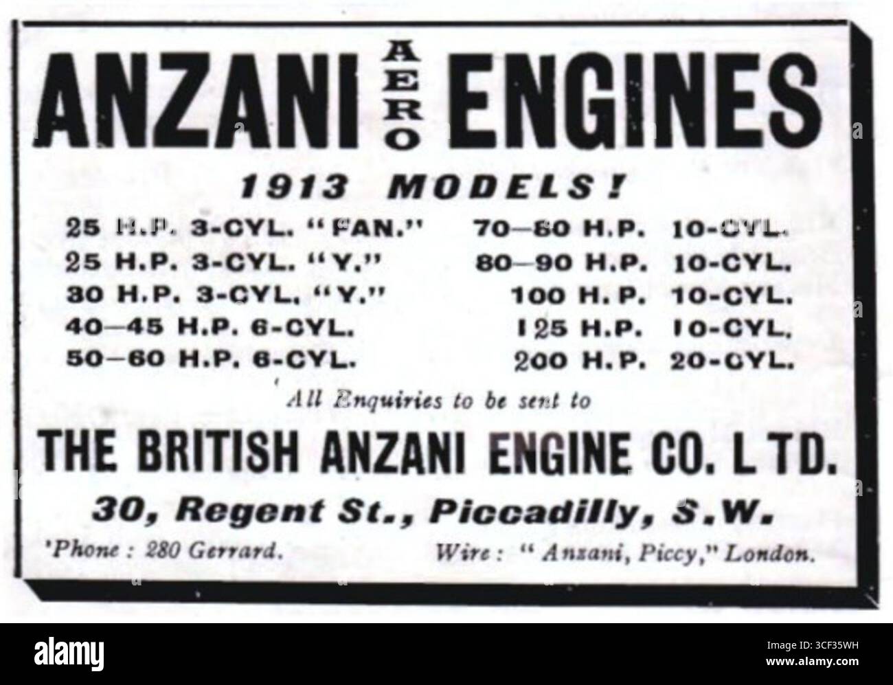 Una pubblicità per i modelli 1913 di motori aeronautici Anzani, che mostrava i progressi tecnologici che erano cruciali nello sviluppo dell'aviazione. Foto Stock