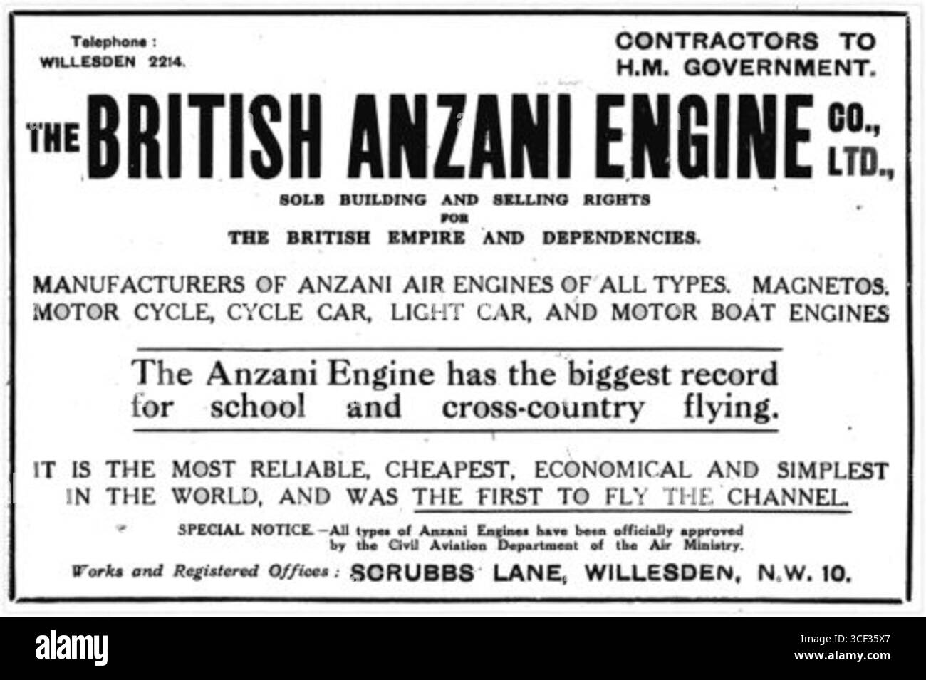 Una pubblicità per la Anzani Company dal 1920, evidenziando i suoi progressi nello sviluppo di motori aeronautici ad alte prestazioni utilizzati nella prima aviazione. Foto Stock