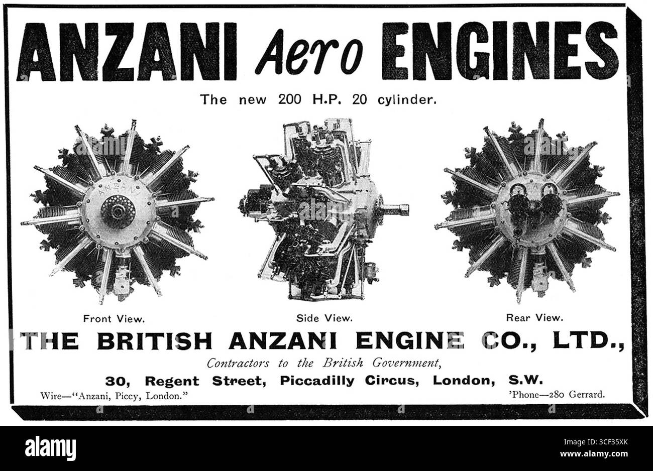 Una pubblicità per il motore aeronautico Anzani a 20 cilindri, pubblicata nel luglio 1913, che mostrava il progresso tecnologico del motore nel primo settore dell'aviazione. Foto Stock