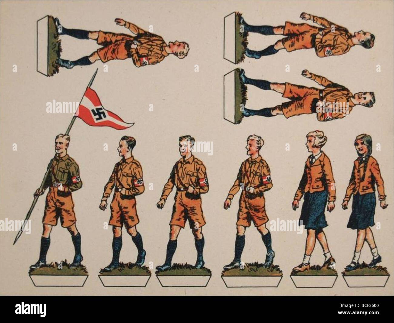 Un set di figure di carta ritagliate raffiguranti membri della Gioventù hitleriana e della Lega delle ragazze tedesche, prodotto a Lipsia intorno al 1934. Questo giocattolo propagandistico è stato usato per familiarizzare i bambini con i simboli nazisti e le organizzazioni attraverso il gioco. Le figure potrebbero essere piegate, incollate e visualizzate. Foto Stock