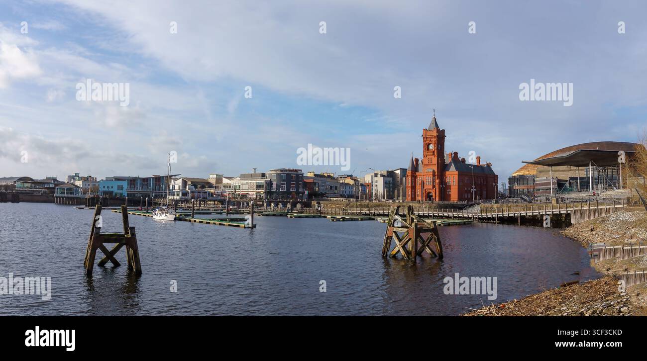 Baia di Cardiff (panorama): Senned (far rt); Pierhead Building (Centre rt); Everyman Cinema (Centre); Mermaid Quay (MID); Shopping Quarter (Centre lt). Foto Stock