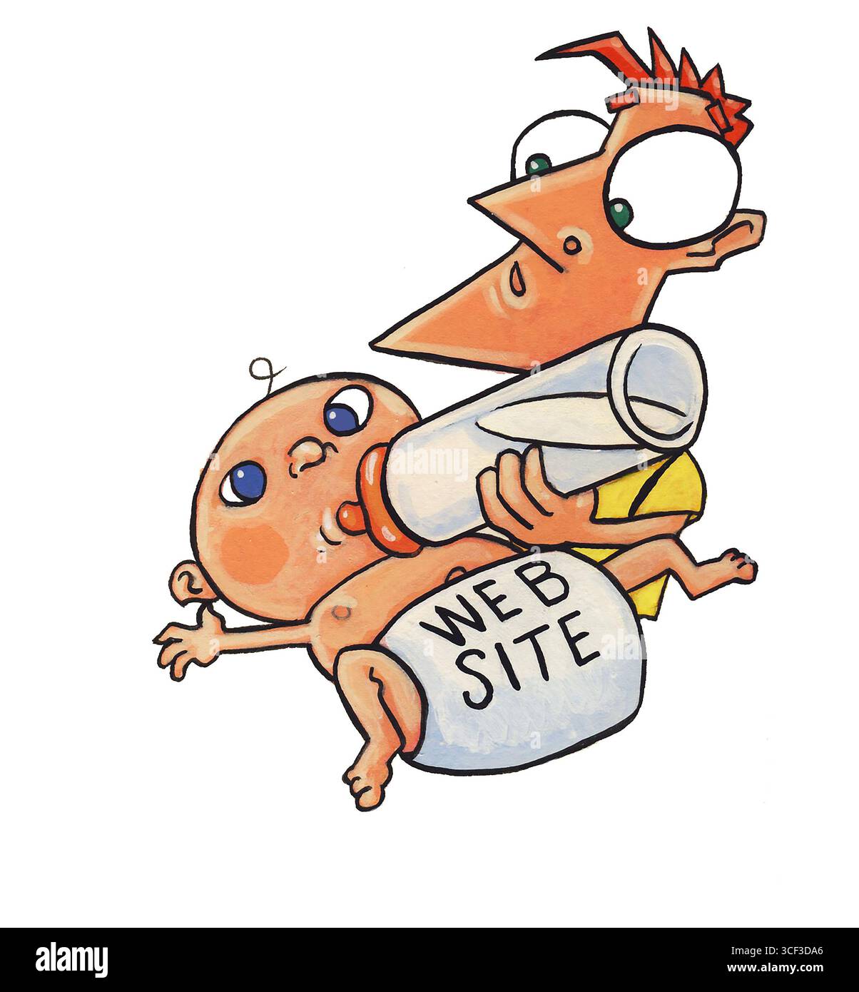 Art Concept, padre che allatta il bambino, sito Web con etichetta pannolini, entrambi richiedono attenzione continua, cura, "cibo" (input) e mantenimento continuo Foto Stock