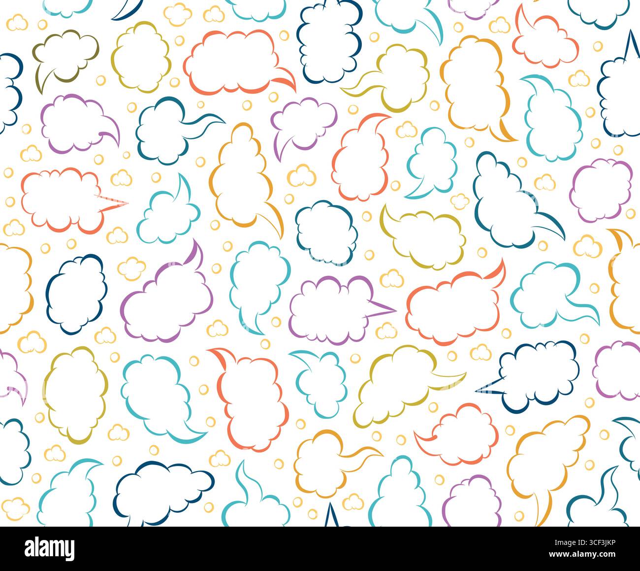Coloratissimo pastello con bolle vocali motivo senza cuciture. Simpatiche bolle di voce nuvola. Messaggi di nuvole pastello. Motivo vettoriale a colori senza cuciture. Illustrazione Vettoriale