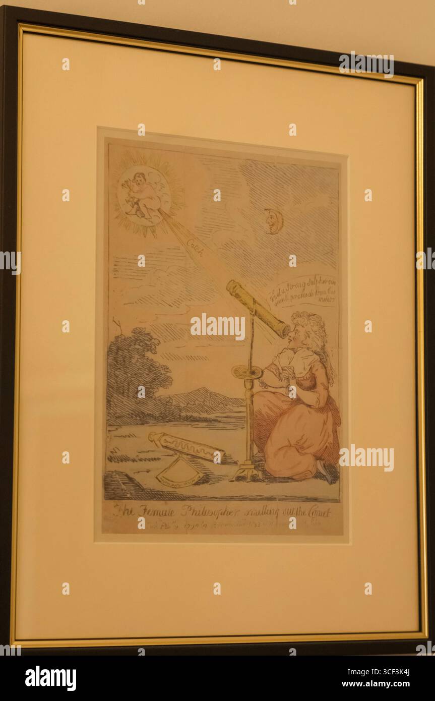 Inghilterra, Somerset, Bath, Herschel Museum of Astronomy, Historical Magazine Cartoon raffigurante Caroline Hershel guardando attraverso il telescopio Foto Stock